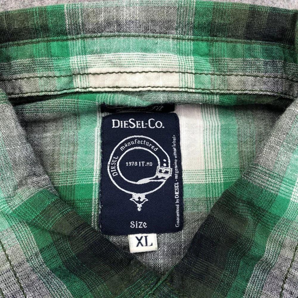 Diesel Shirt Mens XL Green Plaid Long Sleeve Western Snap Slim Fit